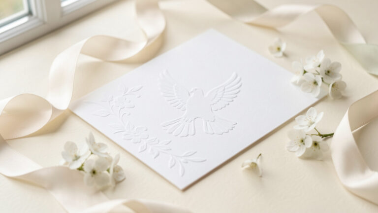 Faire-part de mariage vierge décoré d’une délicate colombe blanche, de fleurs et de rubans ivoire dans une ambiance romantique.