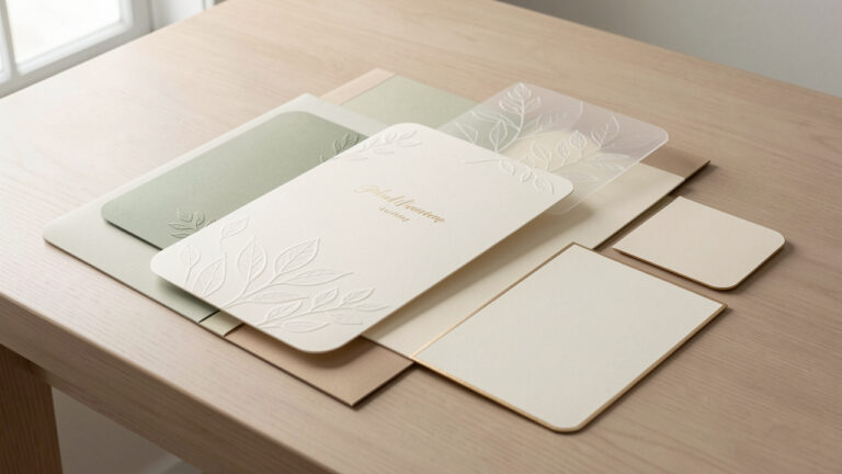 Composition élégante de faire-part de mariage modernes, avec plusieurs formats de cartes vierges, papier ivoire, calque translucide, reliefs botaniques et finitions métalliques discrètes dans des tons sauge, crème et beige.