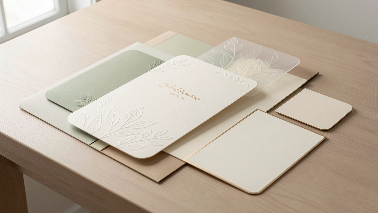 Composition élégante de faire-part de mariage modernes, avec plusieurs formats de cartes vierges, papier ivoire, calque translucide, reliefs botaniques et finitions métalliques discrètes dans des tons sauge, crème et beige.
