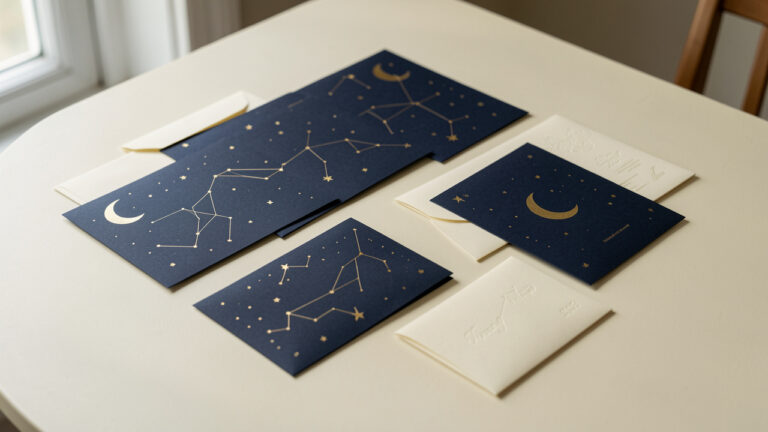 Ensemble de papeterie de mariage élégante inspirée du ciel nocturne, avec cartes bleu nuit, étoiles dorées, croissants de lune, constellations délicates et enveloppes ivoire.