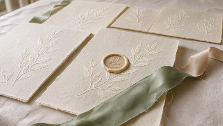 Ensemble de papeterie de mariage ivoire aux détails floraux embossés, ruban de soie et accents vert sauge sur une table en lin.