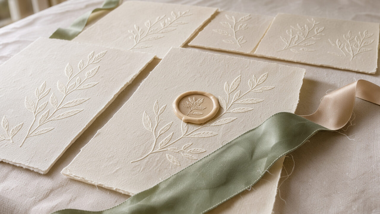 Ensemble de papeterie de mariage ivoire aux détails floraux embossés, ruban de soie et accents vert sauge sur une table en lin.