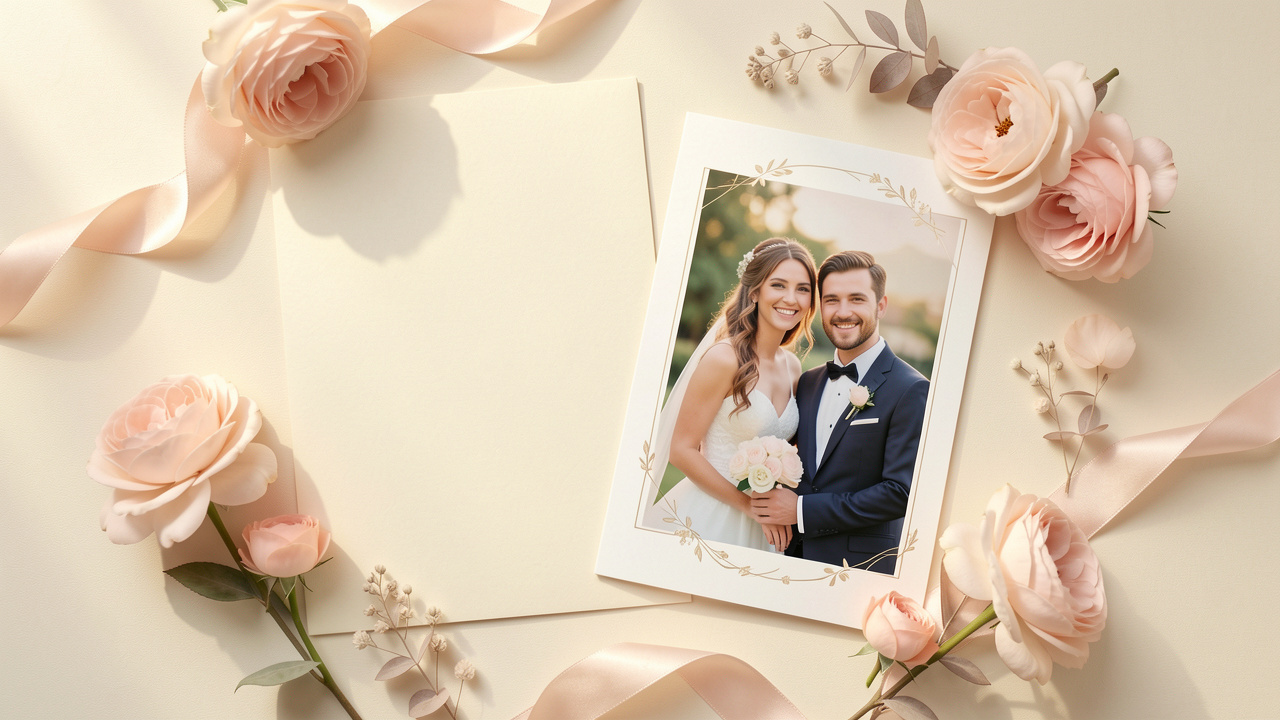 Faire-part de mariage vierge accompagné d’une photo des futurs mariés, décoré de fleurs pastel et d’un ruban satiné.