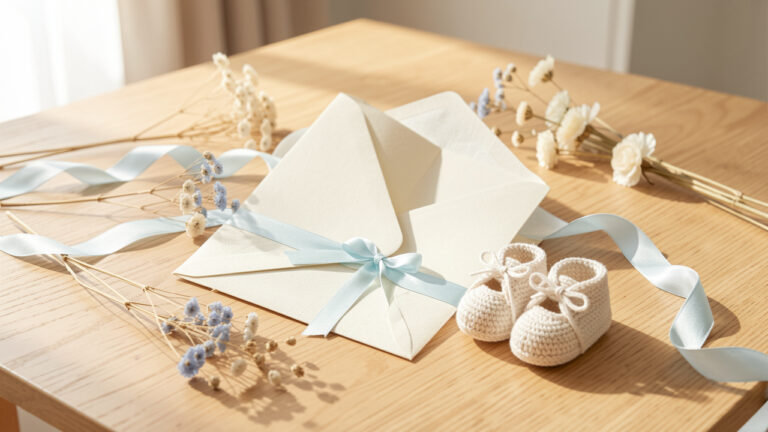 Composition élégante pour annoncer une naissance avec une carte vierge, une enveloppe en lin, un ruban bleu pâle, des fleurs séchées et de petites chaussures de bébé.