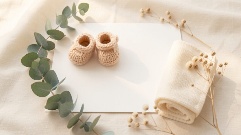 Mise en scène délicate pour un faire-part de naissance, avec une carte vierge, de petites chaussons tricotés, une couverture crème et des fleurs séchées dans des tons pastel.