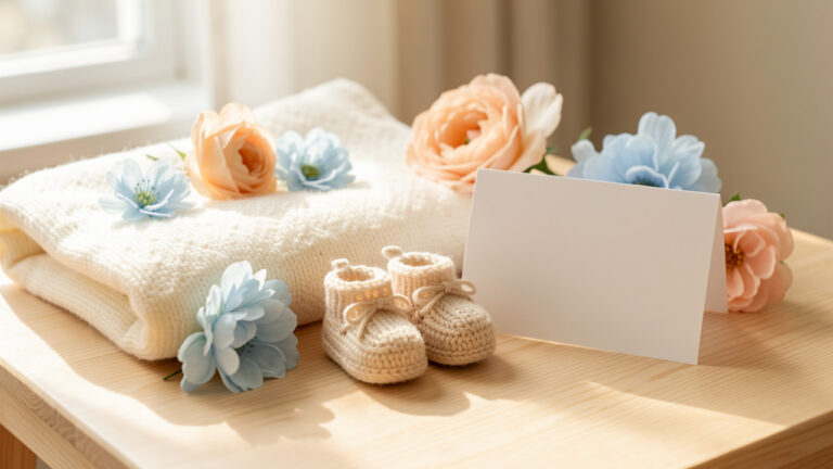 Composition douce pour annoncer une naissance, avec de petits chaussons tricotés, une couverture crème, des fleurs pastel et une carte vierge sur une table en bois clair.