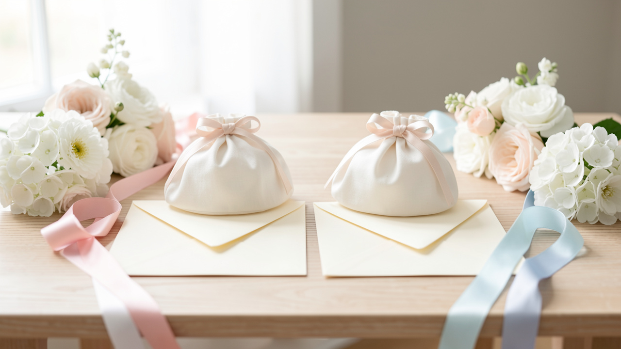 Composition élégante pour annoncer la naissance de jumeaux, avec deux bonnets ivoire, des enveloppes crème, des rubans pastel et des fleurs blanches sur une table en bois clair.