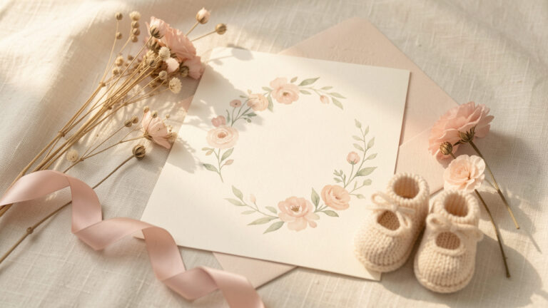 Composition délicate de papeterie de naissance aux tons rose poudré, beige et sauge, entourée de fleurs séchées, d’un ruban et de petits chaussons tricotés.