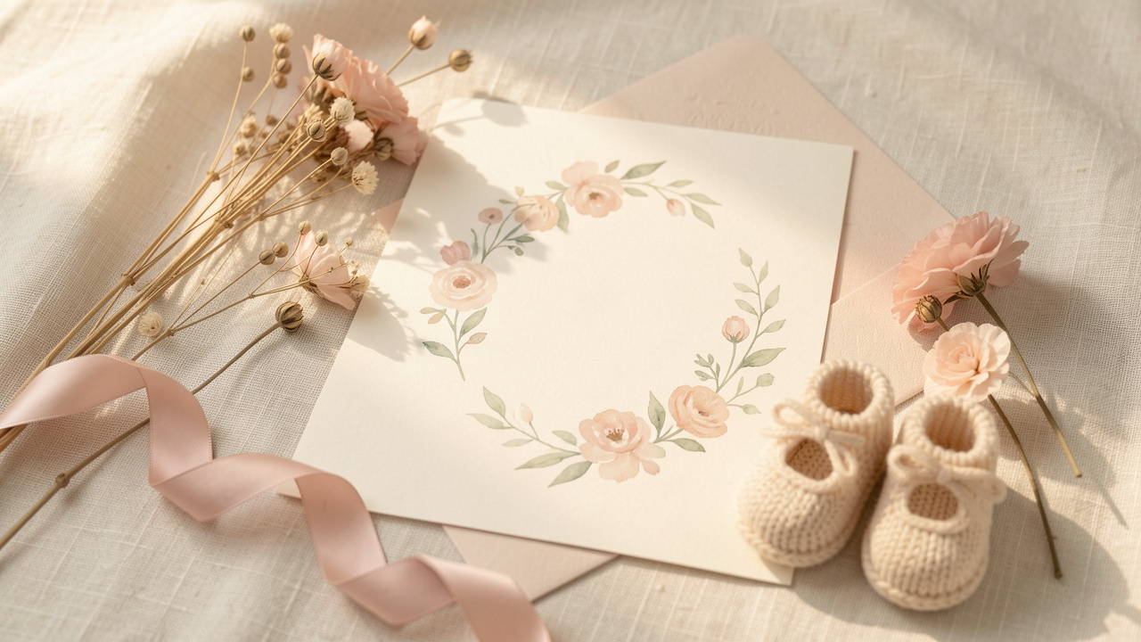 Composition délicate de papeterie de naissance aux tons rose poudré, beige et sauge, entourée de fleurs séchées, d’un ruban et de petits chaussons tricotés.