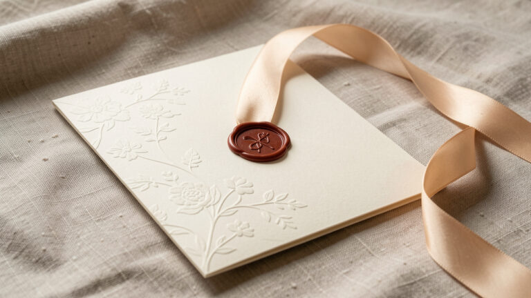 Ensemble de faire-part de mariage romantique sur un tissu en lin, carton crème texturé avec motif floral discret, ruban en satin et aspect finition élégante, lumière naturelle et rendu photographique réaliste.