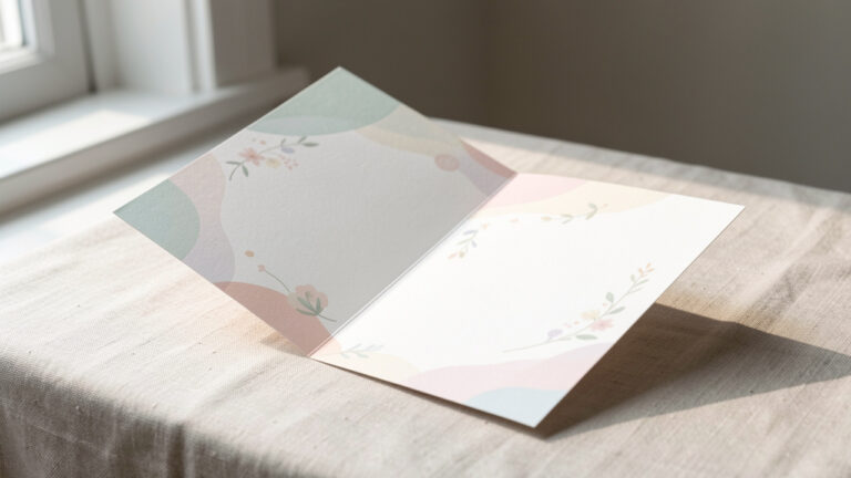 Carte de faire-part de naissance élégante, ouverte sur une table en lin, éclairage naturel doux, texture du papier réaliste, ambiance pastel minimaliste et discrète.