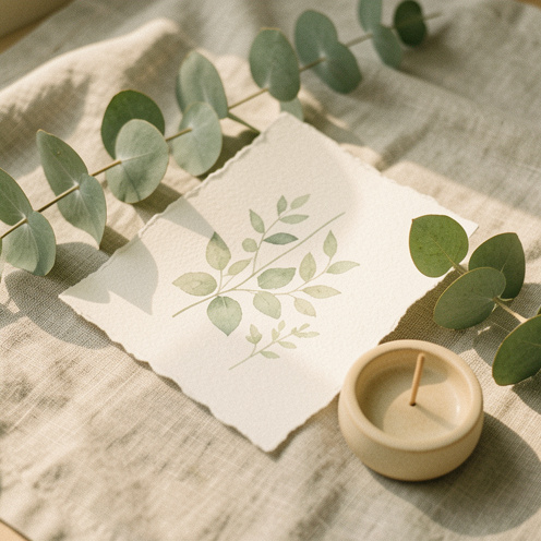 Composition zen et douce avec une carte naturelle aux bords déchirés, feuilles botaniques à l’aquarelle, petit objet en céramique sur un tissu en lin, éclairage de matin tamisé, palette vert sauge et crème.