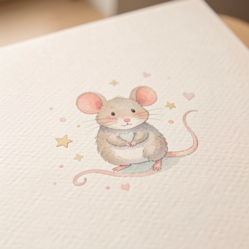 Mise en scène réaliste d’une carte d’invitation au thème souris, avec illustrations aquarelles pastel sur un papier texturé, éclairage doux de fenêtre et mise au point sur les détails.