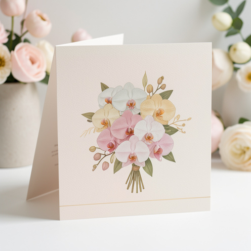 Invitation de mariage pliée en forme de dépliant, sur un papier texturé ivoire, avec un motif d’orchidée élégante et des accents dorés, présentée en studio avec lumière douce.