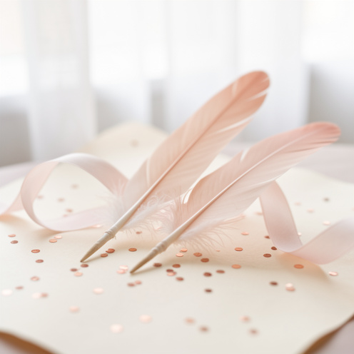 Plumes élégantes et rubans aériens disposés sur un papier ivoire, avec une lumière naturelle douce et une ambiance romantique.