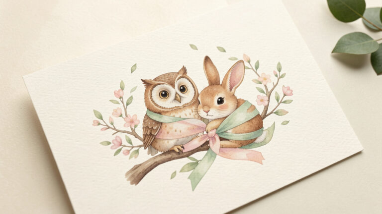 Annonce de naissance au thème animal avec une illustration douce et moderne d’une chouette et d’un lapin dans un décor naturel, avec des rubans pastel et une texture de papier détaillée.