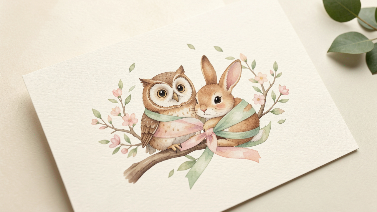 Annonce de naissance au thème animal avec une illustration douce et moderne d’une chouette et d’un lapin dans un décor naturel, avec des rubans pastel et une texture de papier détaillée.