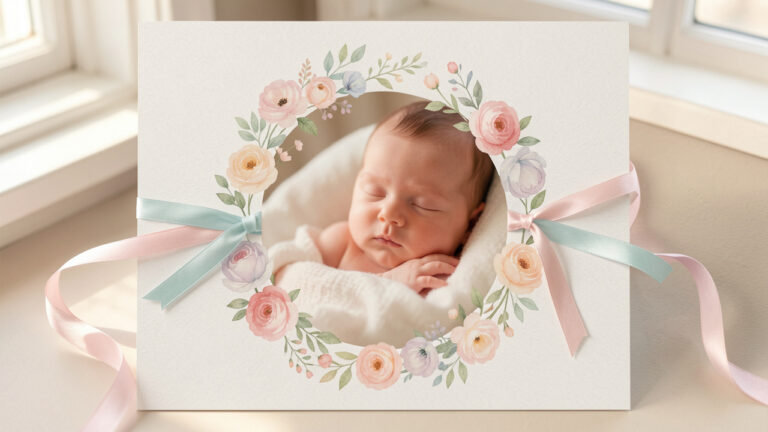 Une invitation de baptême tendre et personnalisée, avec une photo d’un bébé et des accents floraux délicats sur un papier aux tons pastel, éclairage doux et ambiance chaleureuse.