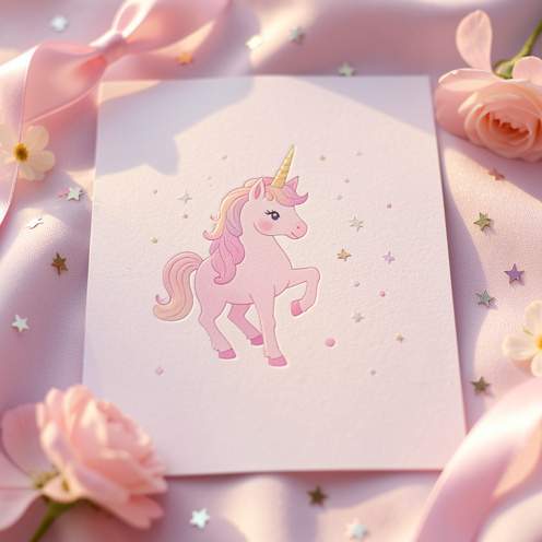 Invitation de baptême à thème licorne, style féerique, avec ruban satin, étoiles et fleurs sur un fond pastel, éclairage doux et texture du papier détaillée.