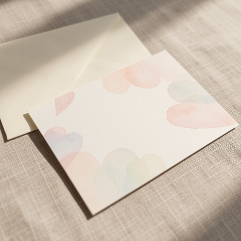 Maquette réaliste d’une invitation de mariage style billet d’avion personnalisable, posée sur une surface en lin, avec enveloppe crème et motifs délicats sous une lumière naturelle