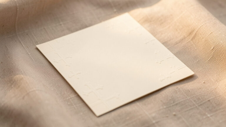 Faire-part de baptême minimaliste posé sur un tissu en lin, style chic et intemporel, avec une impression subtile en relief.