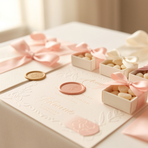 Table de célébration avec des faire-part élégants, des boîtes de dragées et des rubans satin, lumière naturelle douce et détails en gros plan.