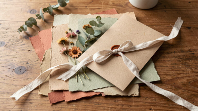 Mise en scène en vue de dessus d’une invitation de mariage bohème : papiers artisanaux superposés, fleurs sauvages séchées, feuillage d’eucalyptus, ruban en lin noué et cachet de cire sur une carte fermée, sur une table en bois au soleil naturel.