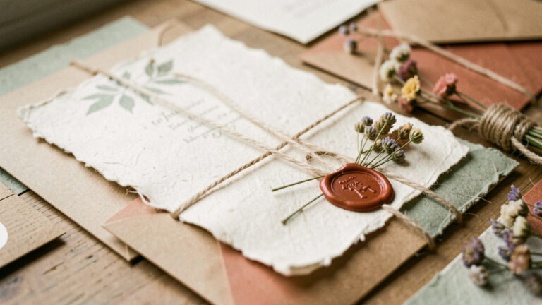 Invitation de mariage champêtre en papier texturé artisanal, avec enveloppes en kraft, ficelle, fleurs séchées et un cachet de cire, photographiés en lumière naturelle.