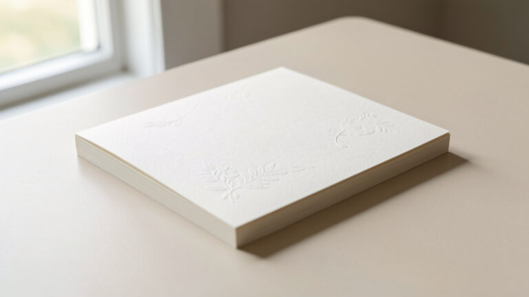 Vue rapprochée d’une invitation de mariage minimaliste sur une table claire, avec un papier épais ivoire et une finition subtilement gaufrée, éclairage naturel doux et texture du papier très détaillée.