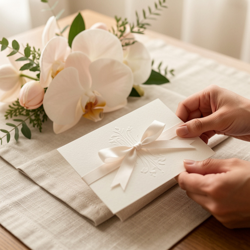 Centre de table et invitation minimaliste inspirée par l’orchidée, tons blanc et rose poudré, ruban discret, lumière douce et ambiance zen.