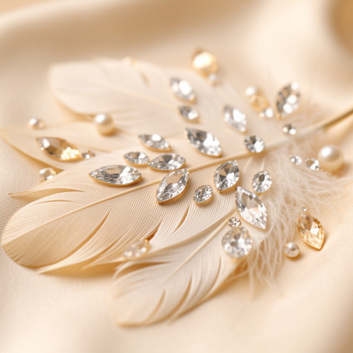 Concept glamour de faire-part de mariage : plumes élégantes et éclats façon strass disposés sur un tissu satin, éclairage studio chaud, style photo macro avec faible profondeur de champ.