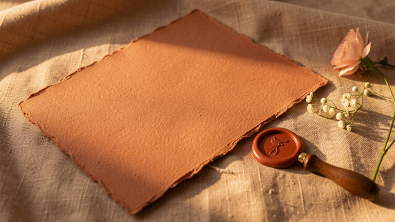Ensemble de faire-part de mariage à la teinte terracotta, sur un tissu en lin chaud, avec bord déchiqueté, texture papier fine et un cachet de cire assorti, éclairage doré et rendu photo réaliste.