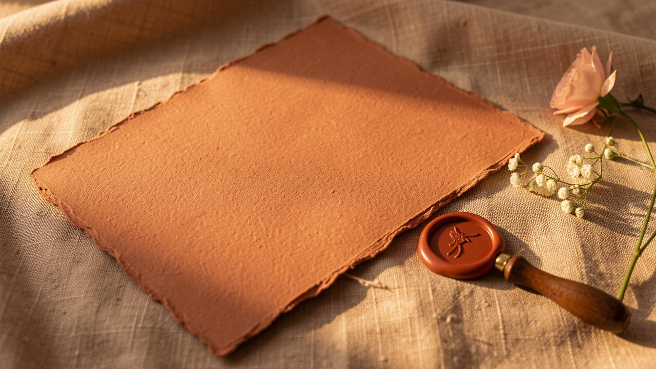 Ensemble de faire-part de mariage à la teinte terracotta, sur un tissu en lin chaud, avec bord déchiqueté, texture papier fine et un cachet de cire assorti, éclairage doré et rendu photo réaliste.
