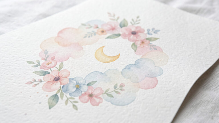 Carte au style aquarelle avec touches pastel douces, fleurs délicates et formes de lune et nuage, sur papier texturé, éclairage naturel et ambiance poétique.