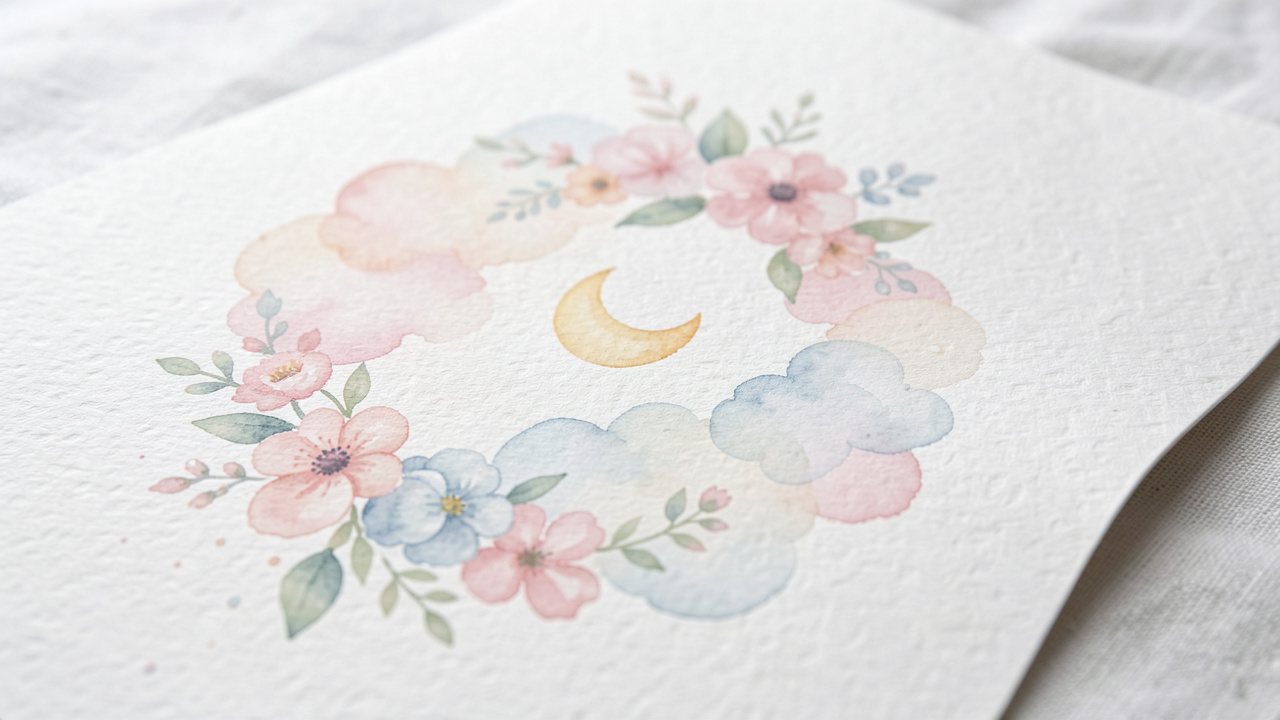 Carte au style aquarelle avec touches pastel douces, fleurs délicates et formes de lune et nuage, sur papier texturé, éclairage naturel et ambiance poétique.