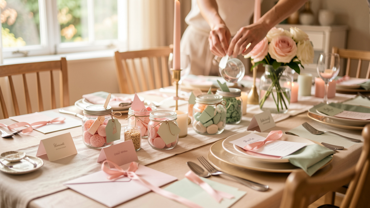 Une table de fête soigneusement décorée avec des contenants pour dragées assortis à la papeterie et à la décoration, sous une lumière douce et naturelle.