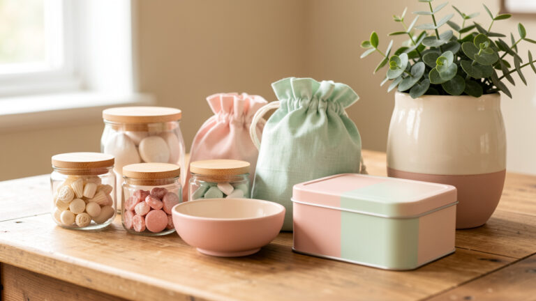 Contenants à dragées réutilisables disposés sur une table en bois : bocaux en verre, petites coupelles en céramique, pochons en tissu, boîtes en métal et un vase en céramique pastel, éclairage naturel doux.