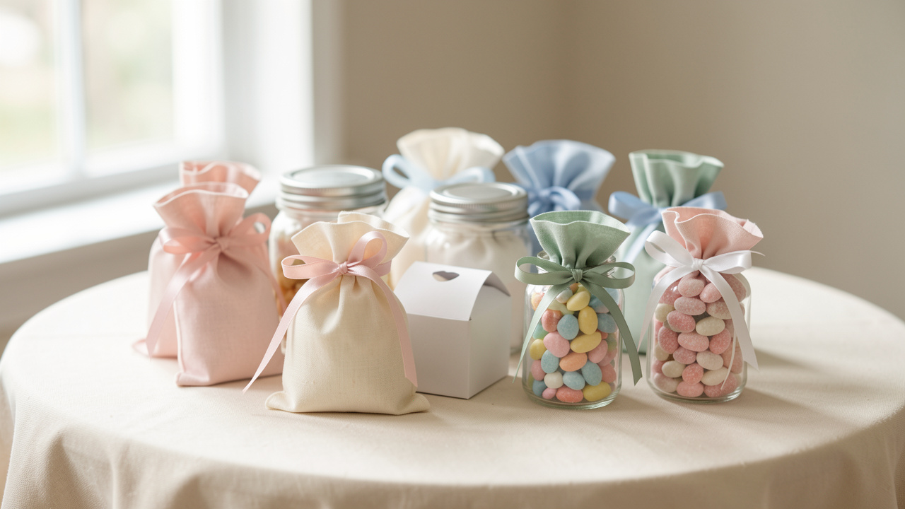 Assortiment élégant de contenants pastel pour dragées, composé de petits pots en verre, pochettes en tissu et boîtes décoratives sur une table ivoire.