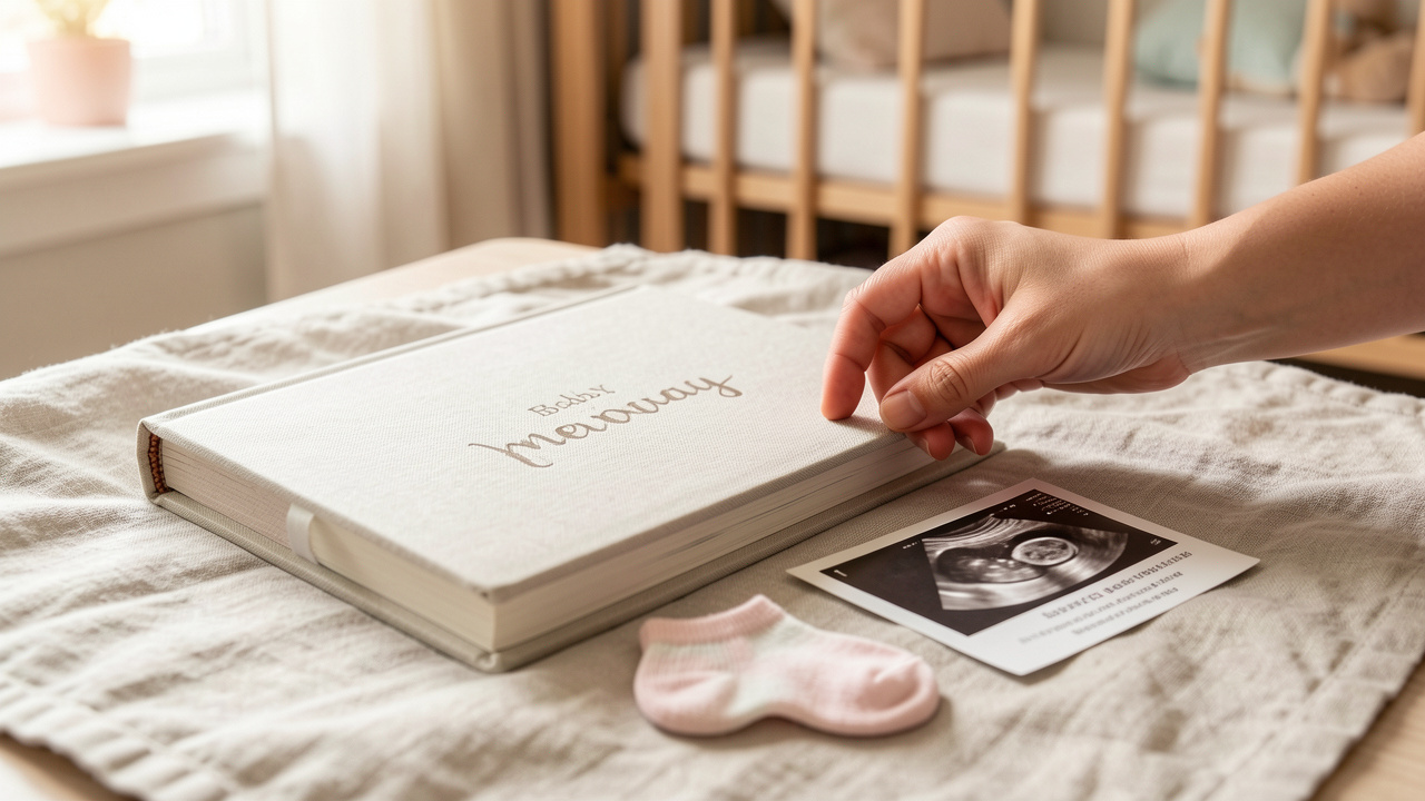 Un livre d’or pour bébé posé sur une couverture en lin, avec de petits chaussons et un souvenir de maternité, sous une lumière naturelle douce, ambiance chambre cosy et chaleureuse.