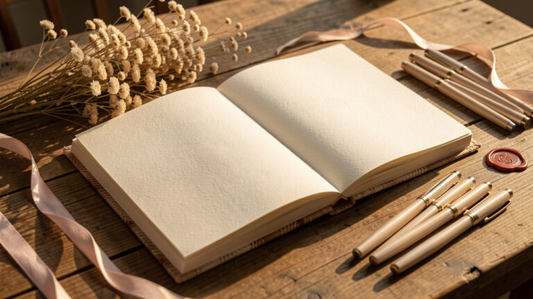 Livre d’or de mariage ouvert sur une table en bois, pages vierges avec cachet de cire, fleurs séchées et rubans, ambiance lumineuse et chaleureuse, photo documentaire réaliste.