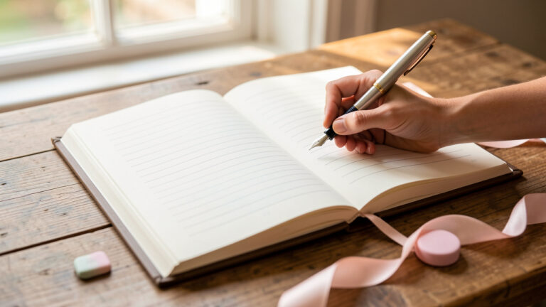 Livre d’or de baptême ouvert sur une table en bois, avec un stylo plume et des rubans pastel, lumière naturelle du matin et mise au point douce sur les pages vierges.