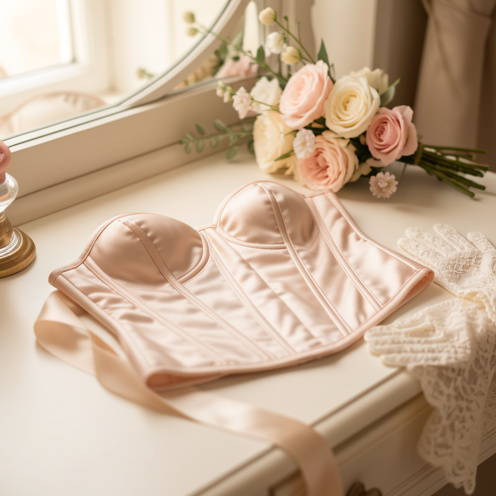 Corset en satin présenté comme accessoire original pour un mariage, posé près de fleurs de mariage et d’un ruban sur une coiffeuse éclairée naturellement.