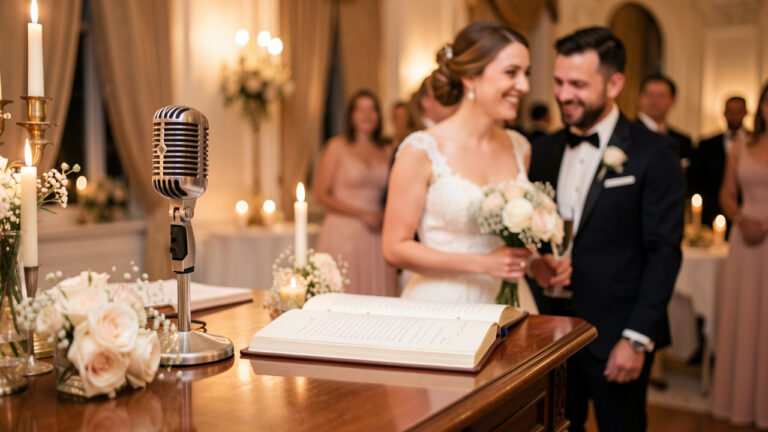 Microphone vintage posé près d’un livre d’or et de fleurs lors d’une réception de mariage chaleureuse.