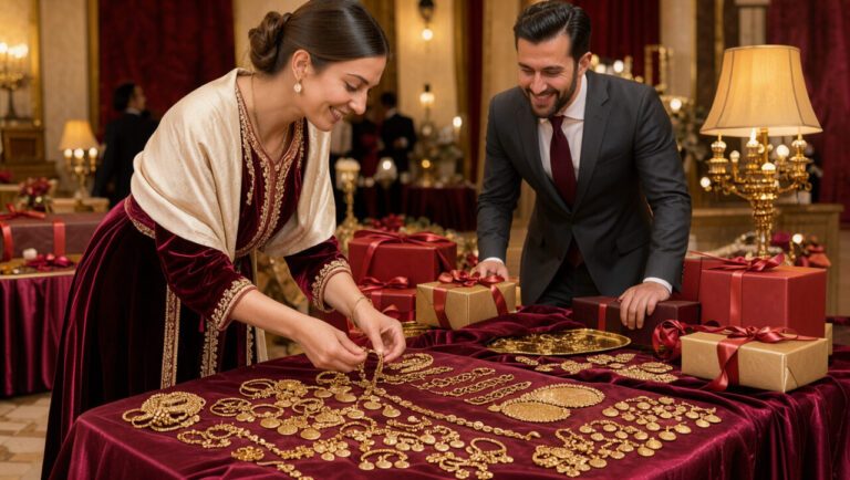 Une femme et un homme présentent des bijoux dorés et des cadeaux élégamment disposés lors d’un mariage turc.