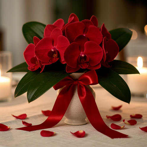 Composition de mariage avec orchidées rouges, ruban en satin et décoration florale sur une table en lin, éclairage chaud et lumière douce.