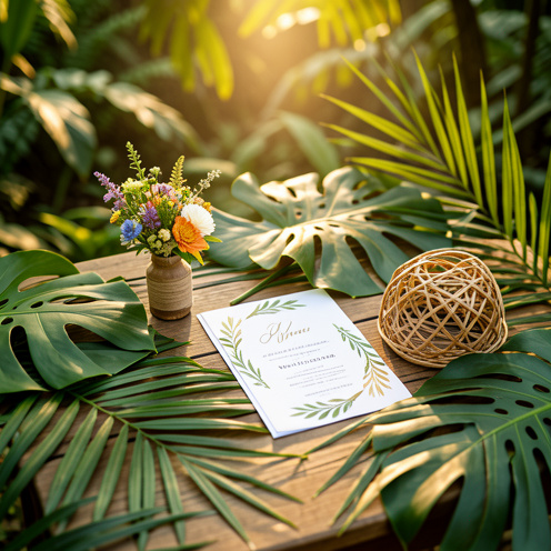 Décoration et papeterie de mariage sur un thème jungle : feuilles de monstera et palmes, bouquet de fleurs sauvages, ambiance ensoleillée sur une table en bois.