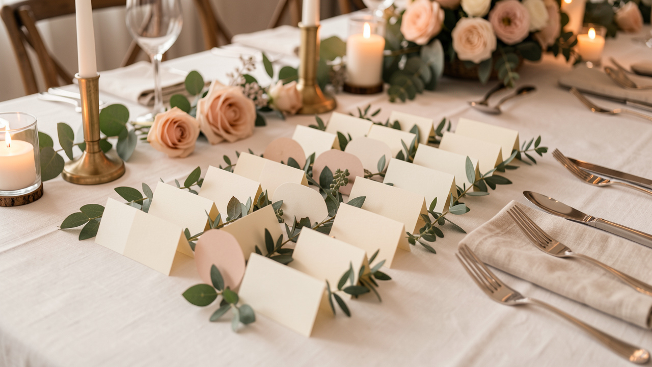 Marque-places de mariage élégants disposés sur une table de réception raffinée, avec feuillage vert sauge, fleurs rose poudré, serviettes en lin et bougies chaleureuses.