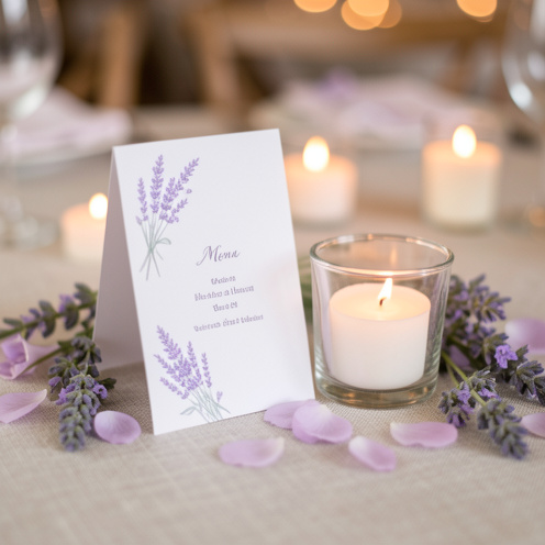 Table de mariage élégante avec un photophore en verre, une décoration de fleurs et feuillages de lavande, ambiance lumineuse aux tons lavande et ivoire.