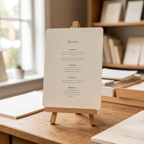 Gros plan d’un chevalet en bois avec une carte de menu de mariage élégante, posée sur une table de papeterie chic, éclairage naturel doux et rendu photographique réaliste.