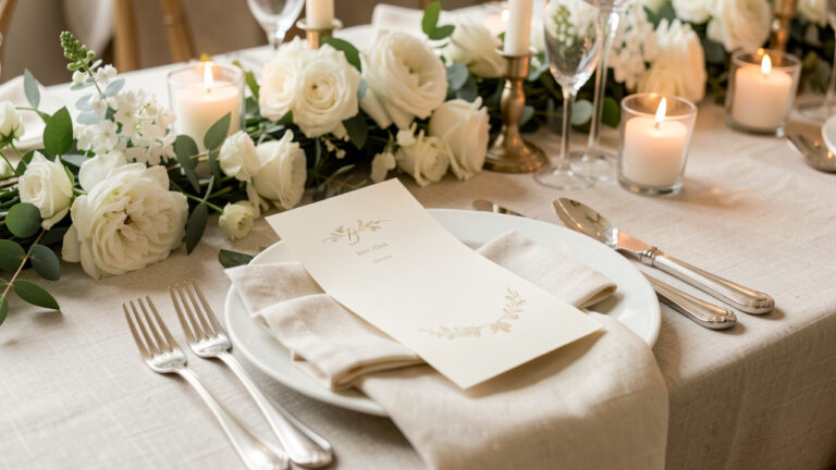 Carte de menu de mariage élégante et vierge, posée sur une table raffinée avec fleurs blanches, feuillage, couverts argentés et bougies.